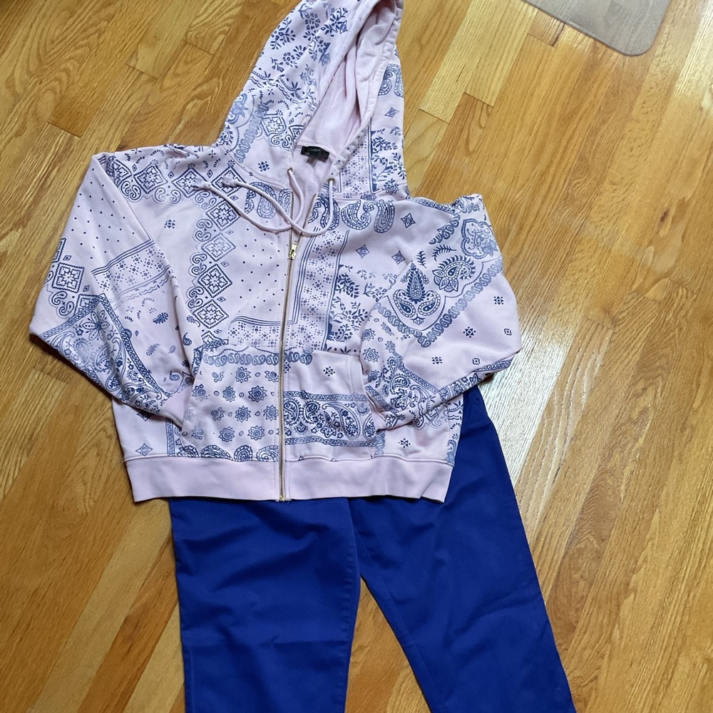 J. Crew size L full zip hooded sweatshirt in pink and blue.  Never worn.